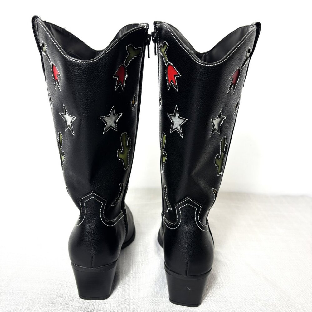 No Boundaries Blk Cowboy Boots w/ western motif cut out Faux Leather Heels NWOT - Picture 7 of 13